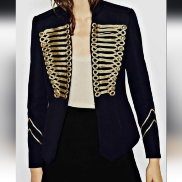 Zara Navy Blue Gold Embroidery Military Blogger Jacket Blazer XS - Picture 7 of 14